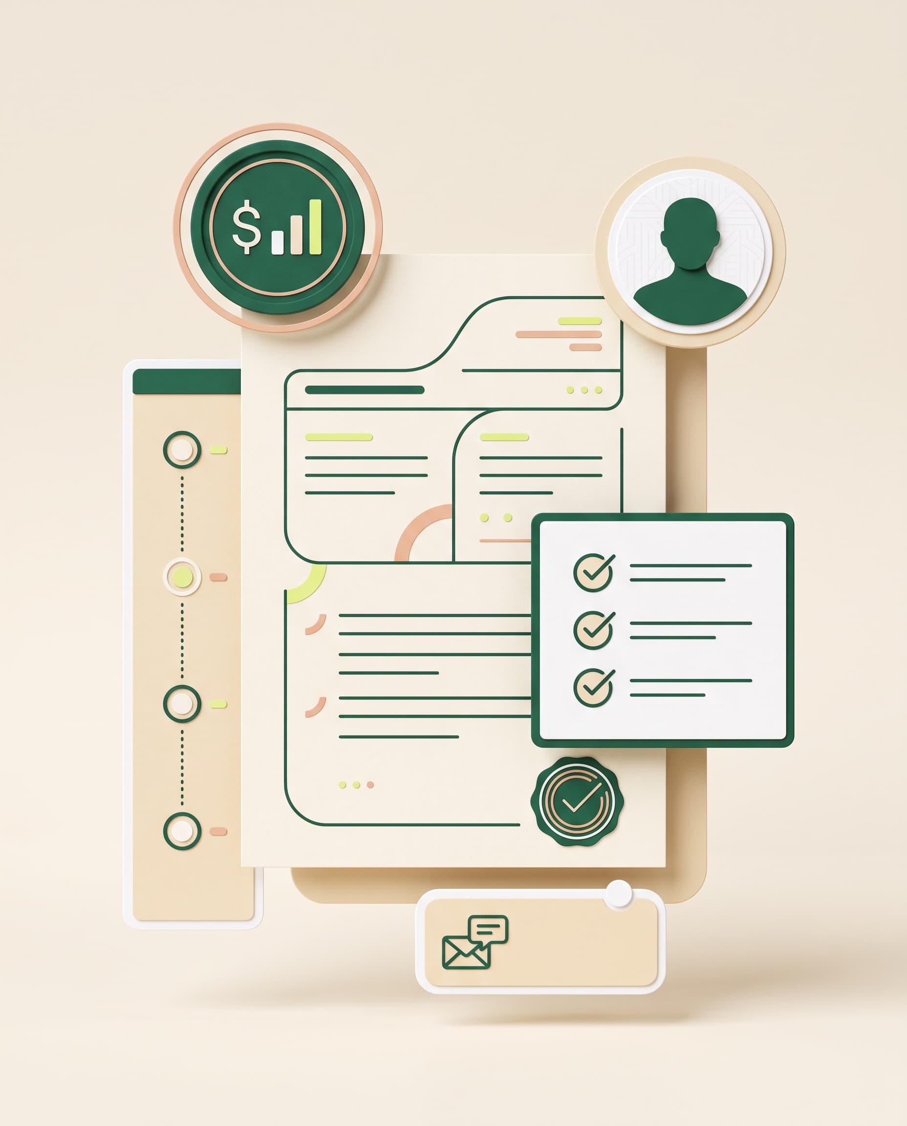 Layered proposal pages showing scope, pricing, a timeline, client details, and approval